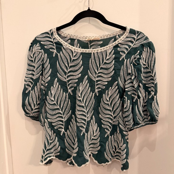 Solitaire Tops - Solitaire Embroidered‎ Leaf Puff Sleeve Top Large Boho Cottagecore Green